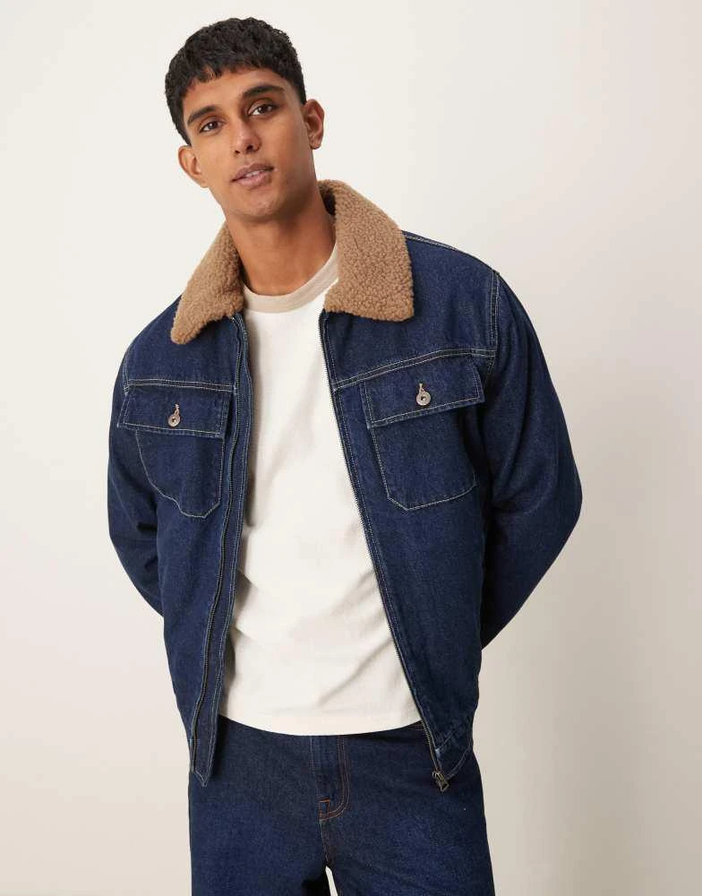 Mango Mango zip down shirt detail denim jacket with borg collar in dark denim 1