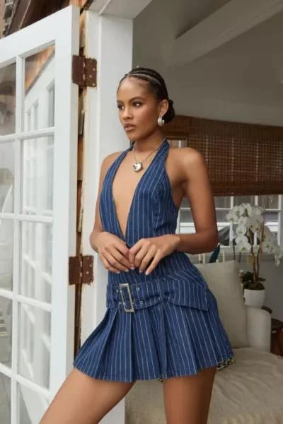 Edikted Edikted Belted Pinstripe Denim Mini Dress 1