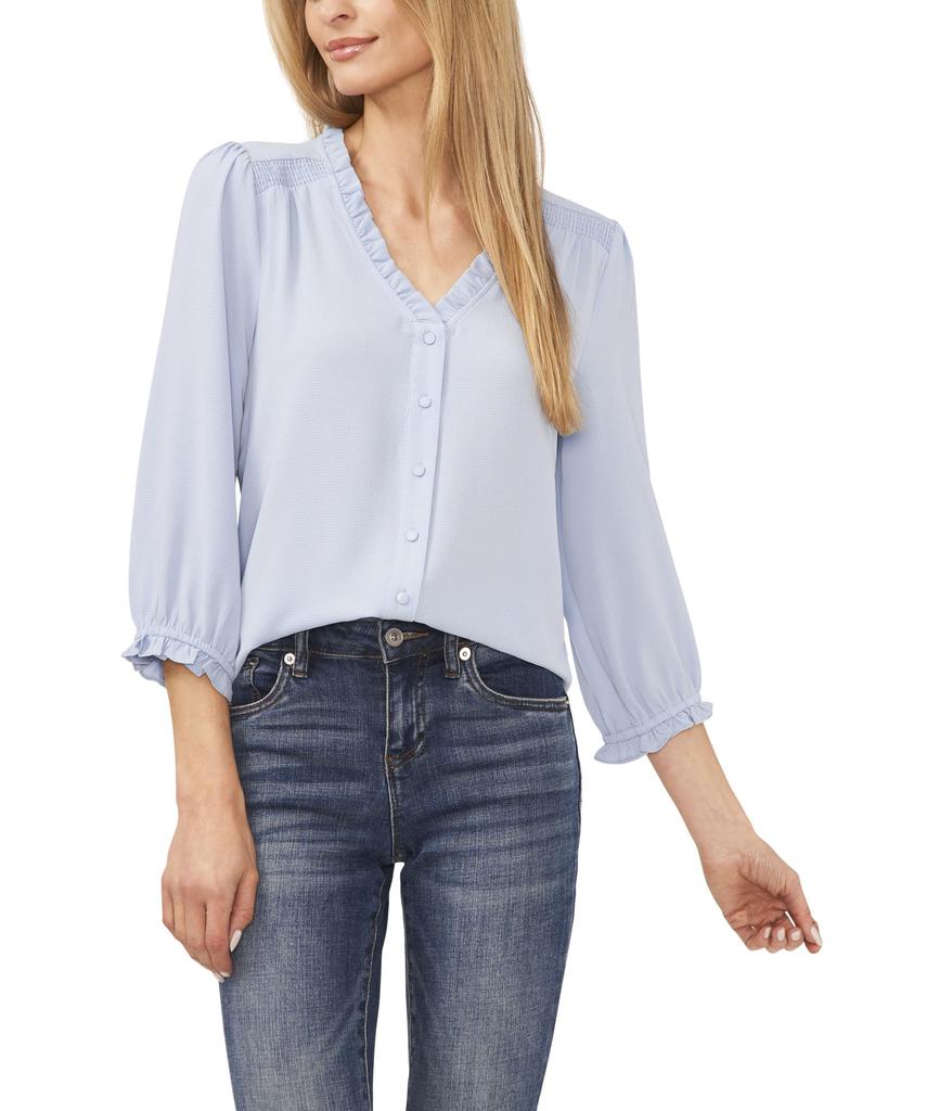 CeCe 3/4 Sleeve Ruffled V-Neck Blouse