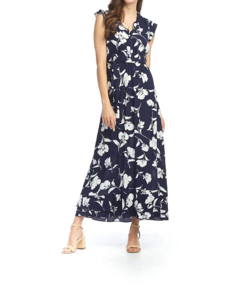 Papillon Mariah Floral Ruffle Midi Dress In Navy