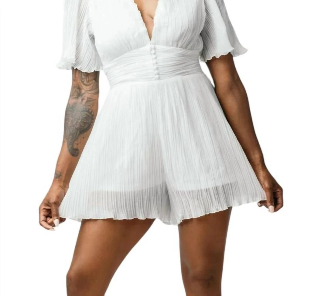 THE SANG Pleated Plunge Romper In White 1