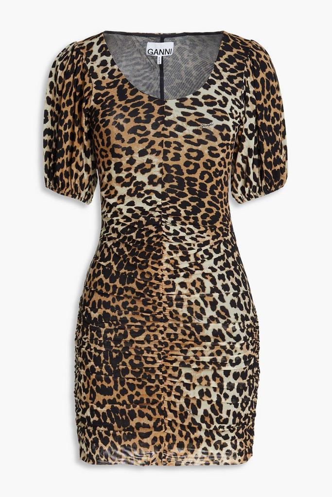 Ganni Ruched leopard-print stretch-mesh mini dress