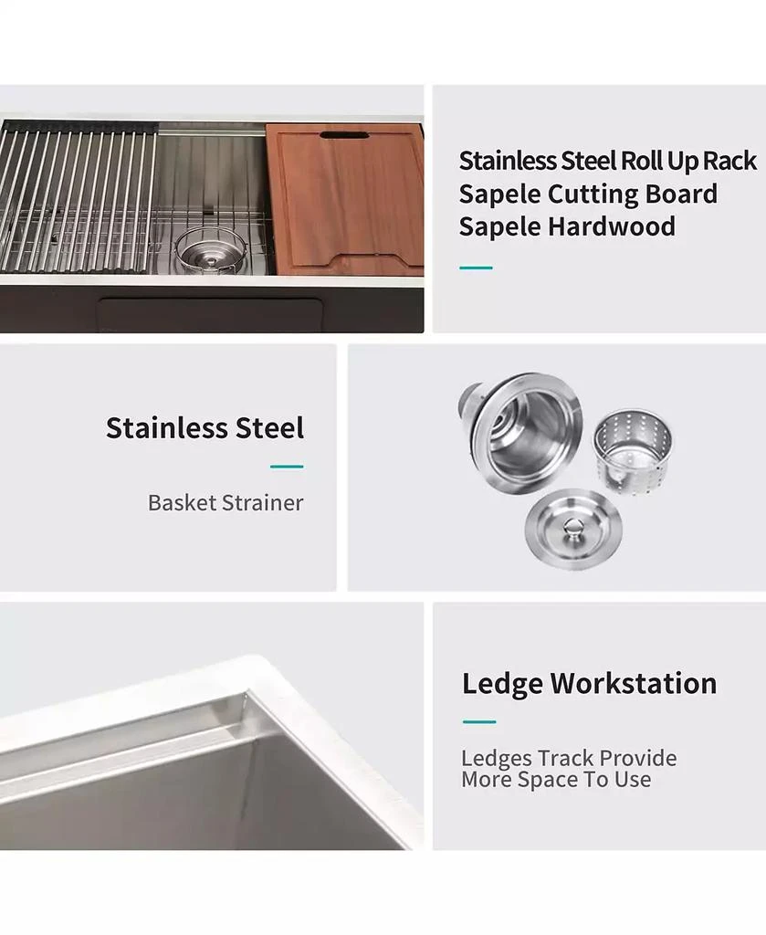 Flynama 32x19x10 Inch Single Bowl Undermount Workstation Kitchen Sink 16 Gauge 304 Stainless Steel Deep Sink With Cutting Board Colander 6