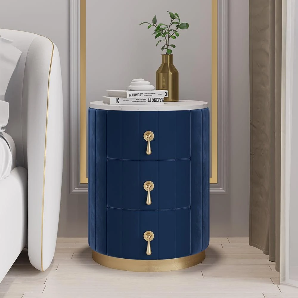 Hivvago Sintered Stone Top 3-Drawer Round Velvet Nightstand