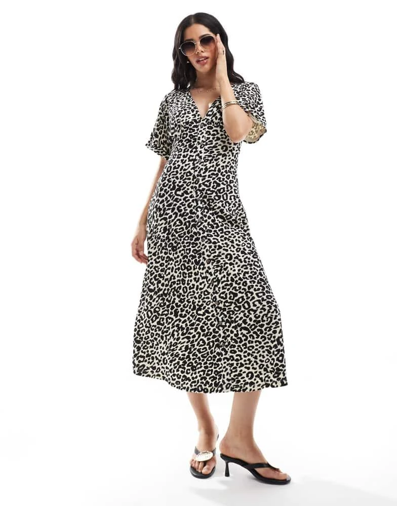 ASOS ASOS DESIGN roll sleeve button front midi tea dress in animal print 1