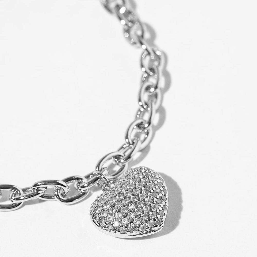 FASHNZFAB White Gold Dipped CZ Stone Paved Puffy Heart Charm Magnetic Chain Bracelet 2