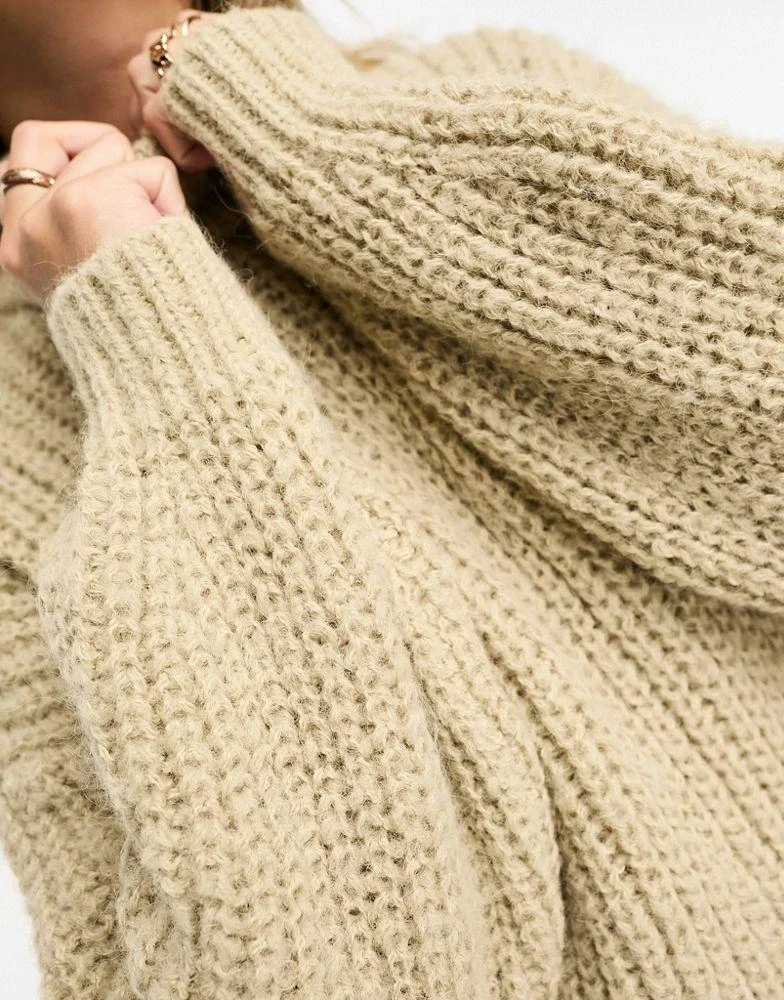 Monki Monki high neck chunky rib knitted jumper with volume sleeve in beige 2