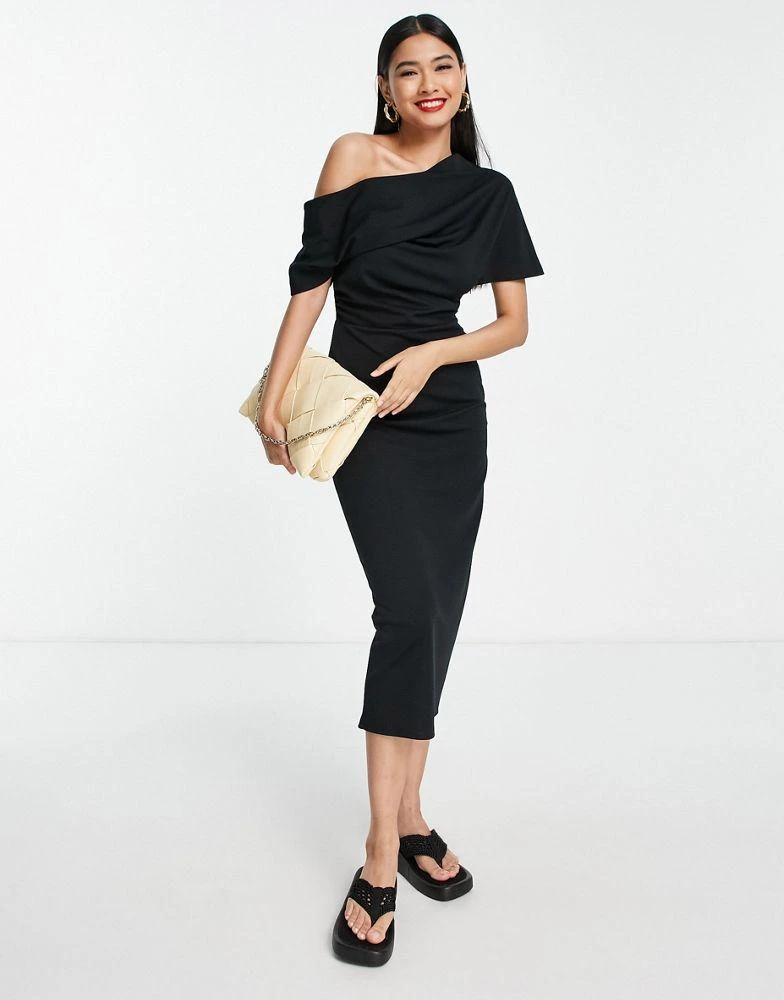 ASOS ASOS DESIGN pleated shoulder pencil midi dress in black 2