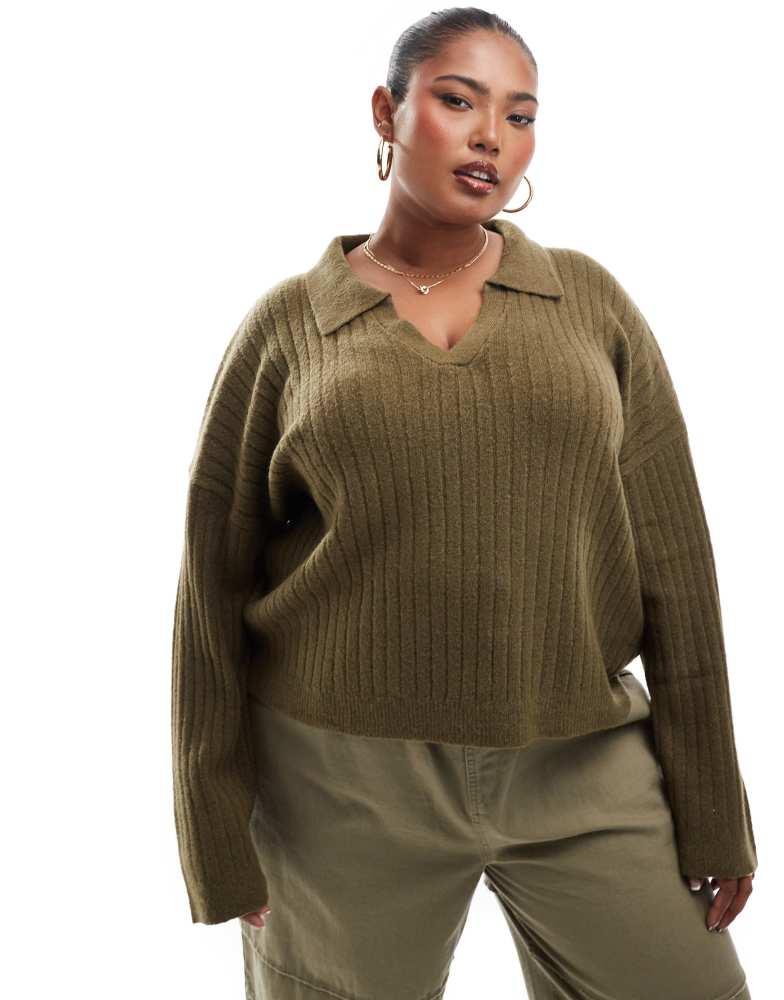 Brave Soul Brave Soul Plus v-neck polo jumper in khaki