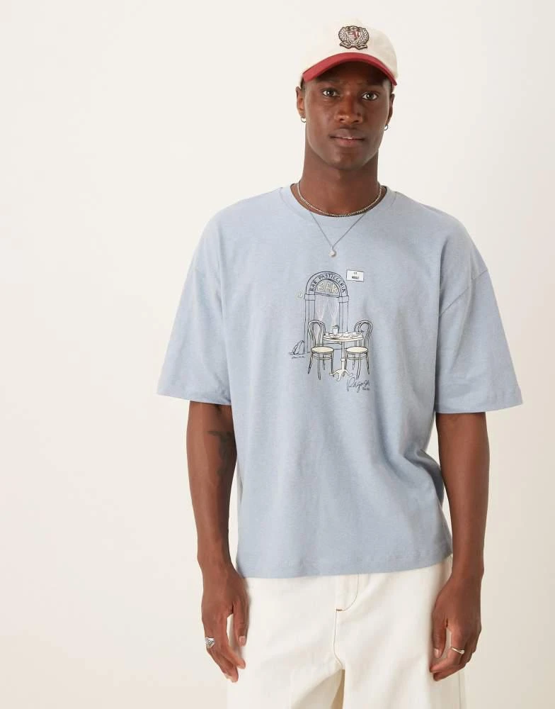 ASOS ASOS DESIGN boxy oversized linen blend t-shirt with cafe graphic in light blue 4