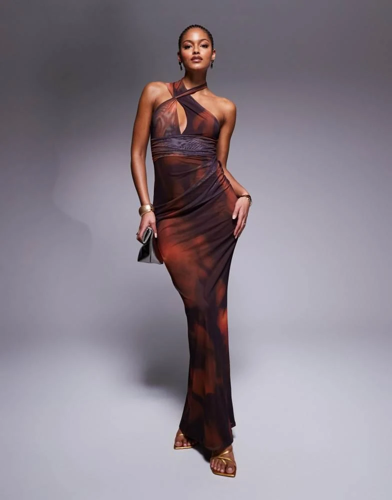 ASOS ASOS DESIGN Tall halter cross front maxi dress in swirl print 1