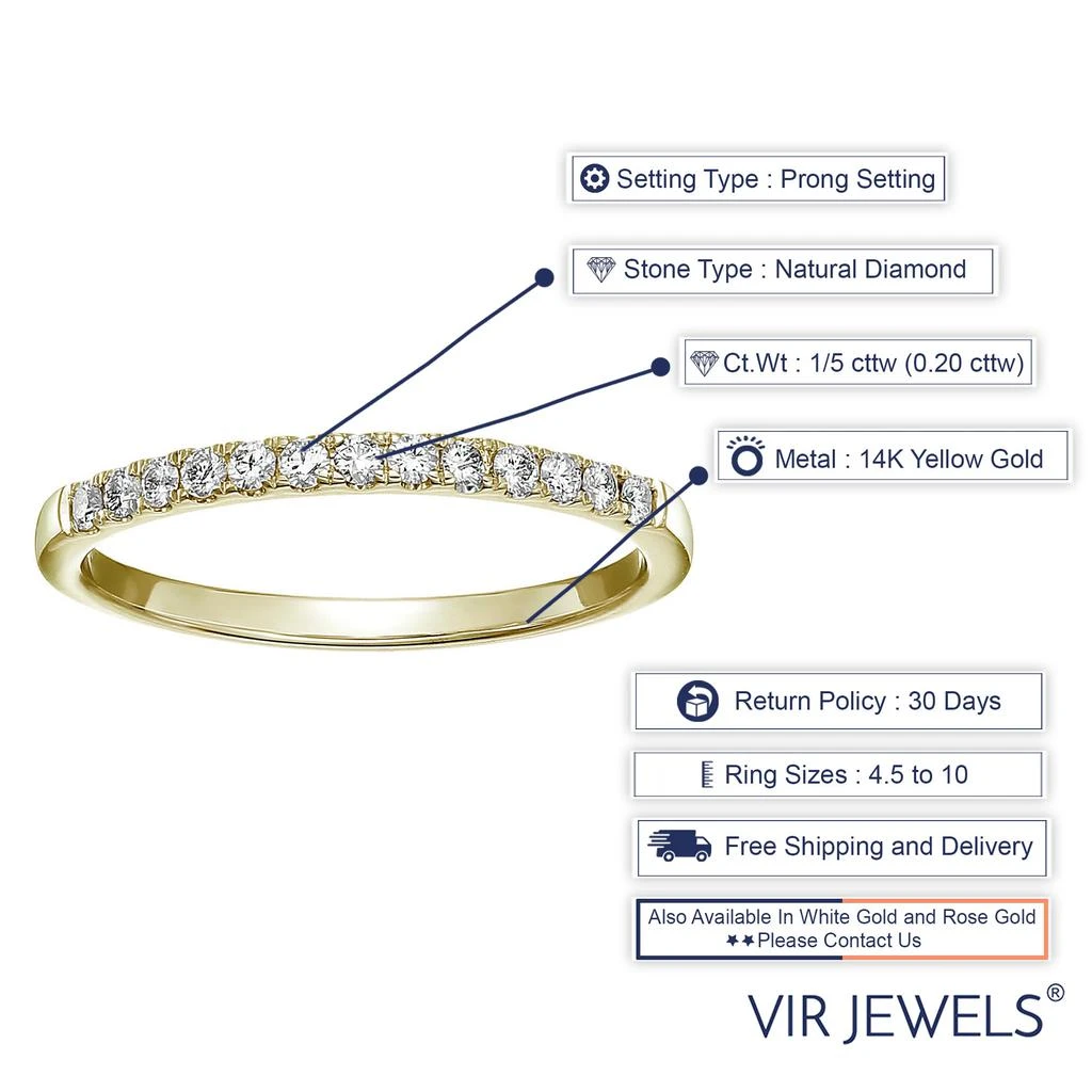 Vir Jewels 1/5 cttw Pave Diamond Wedding Band 14k White Gold Bridal Prong Set 9