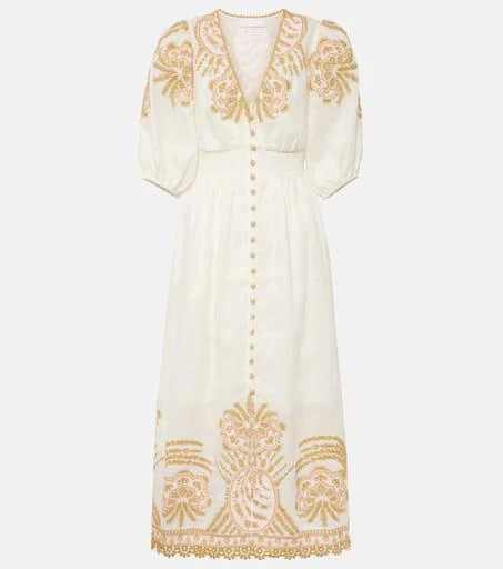 Zimmermann Waverly Embroidered Midi Dress, Cream/Gold, Size 1 Zimmermann Waverly Embroidered Midi Dress, Cream/Gold, Size 1