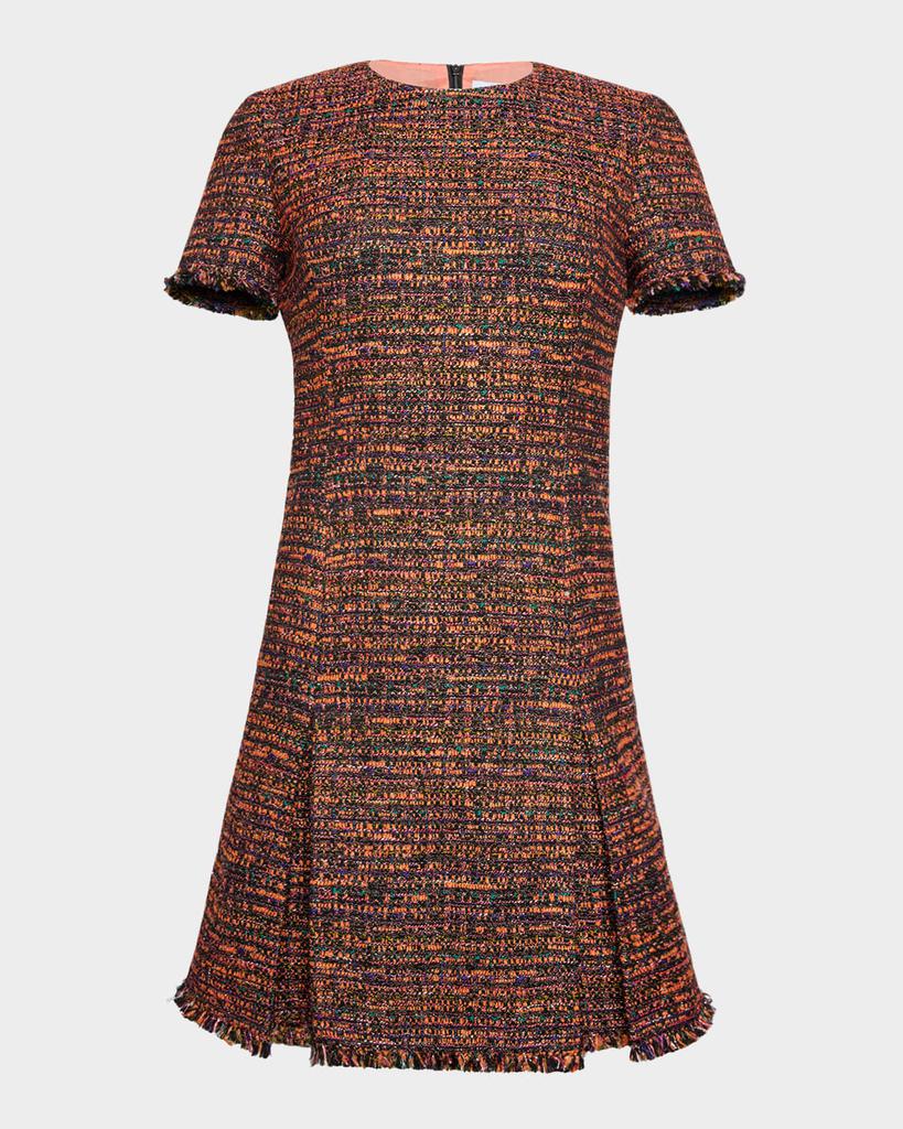 Santorelli Pleated Fringe-Trim Tweed Dress