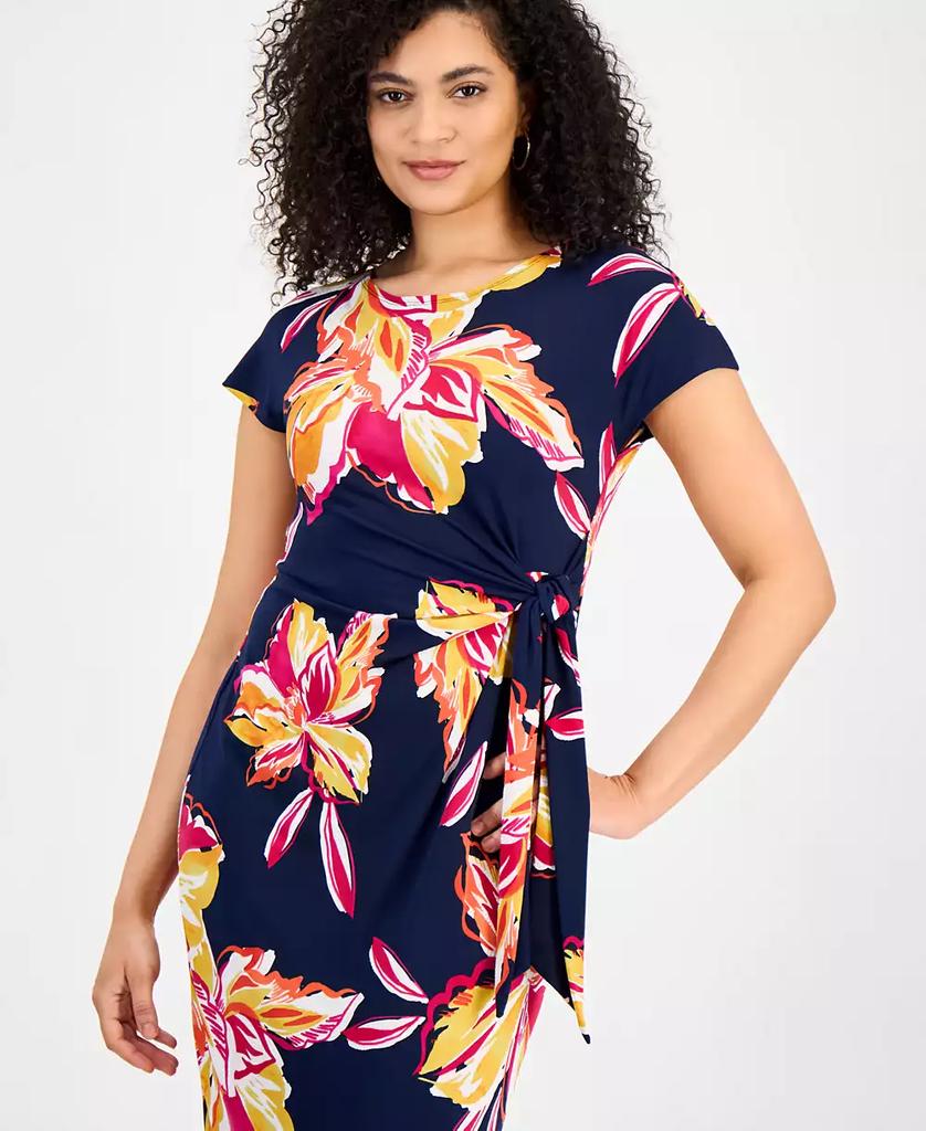 Robbie Bee Women's Floral Tie-Waist Short-Sleeve Midi Dress
