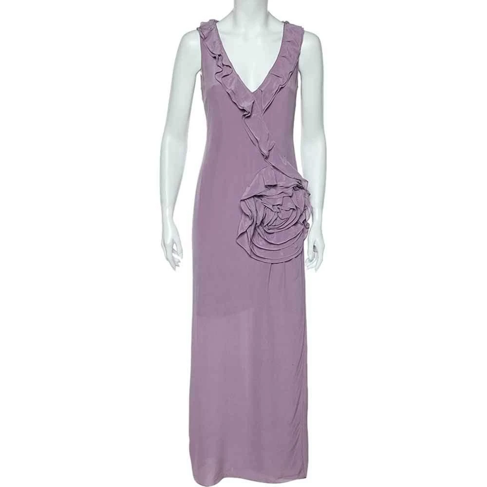 Moschino Moschino Cheap & Chic Lilac Silk Chiffon Rose Floral Draped Slit Detail Maxi Dress M 1