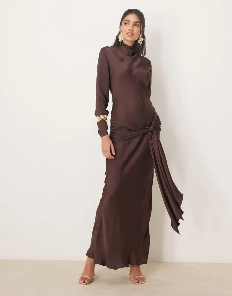 ASOS ASOS DESIGN long sleeve satin tie front maxi dress in chocolate 3