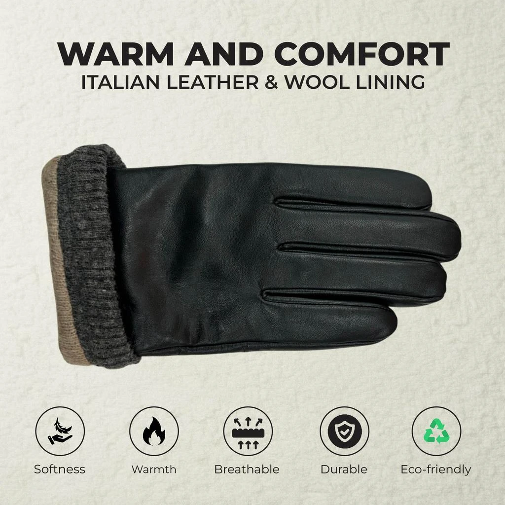 Infinity Leather Men’s Black Italian Leather Warm Wool Lining Winter Bike Riding Driving Casual Gloves 3