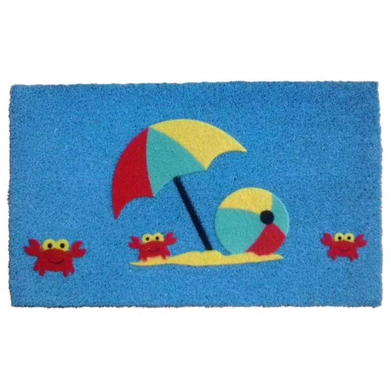 Imports Décor Crab Beach Coir Door Mat, Cute Ocean Coconut Fiber Doormat with Umbrella Design & Non-Slip PVC Backing, Indoor Outdoor Entrance Rug