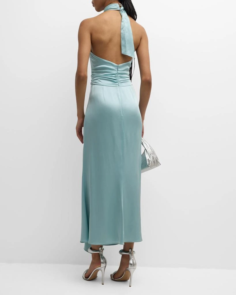 LAPOINTE Plunging Halter Draped Open-Back Satin Maxi Dress 4