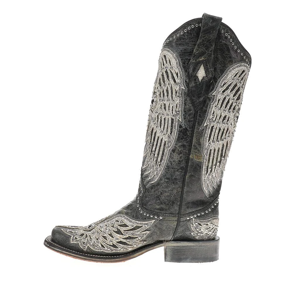 Corral Boots White Cross And Wings Overlay And Studs Worn Finish Black Square Toe Cowboy Boots 3