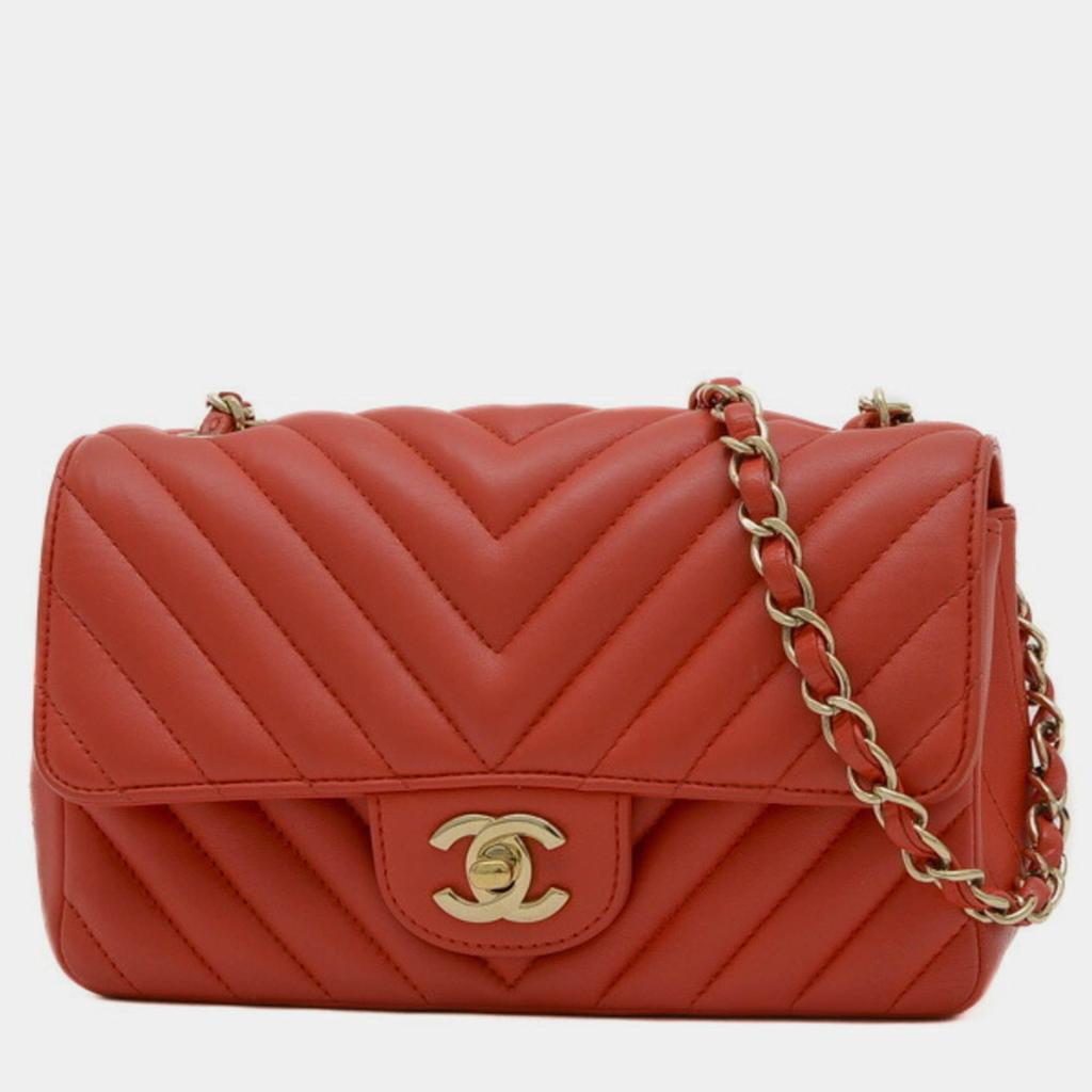 Chanel Chanel Red Lambskin Leather Chevron Chain Shoulder Bag