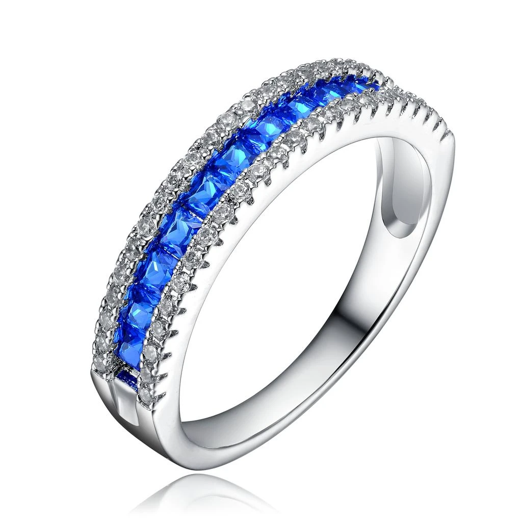 Genevive Ga Sterling Silver With Rhodium Plated And Sapphire Cubic Zirconia Band Ring 1
