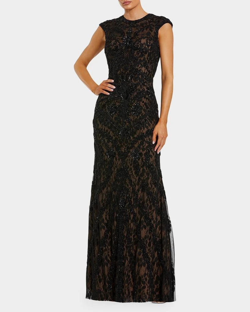 Mac Duggal Beaded Lace Cap-Sleeve Column Gown