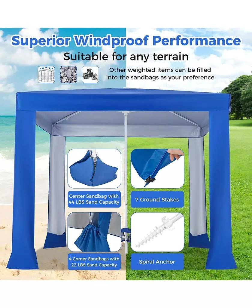 Costway UPF 50+ Beach Tent 6.6ft x 6.6ft Beach Cabana with Folding Table, 5 Sandbags 9