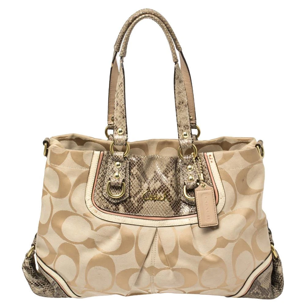 Coach Coach Beige Signature Canvas And Python Embossed Leather Ashley Tote 1