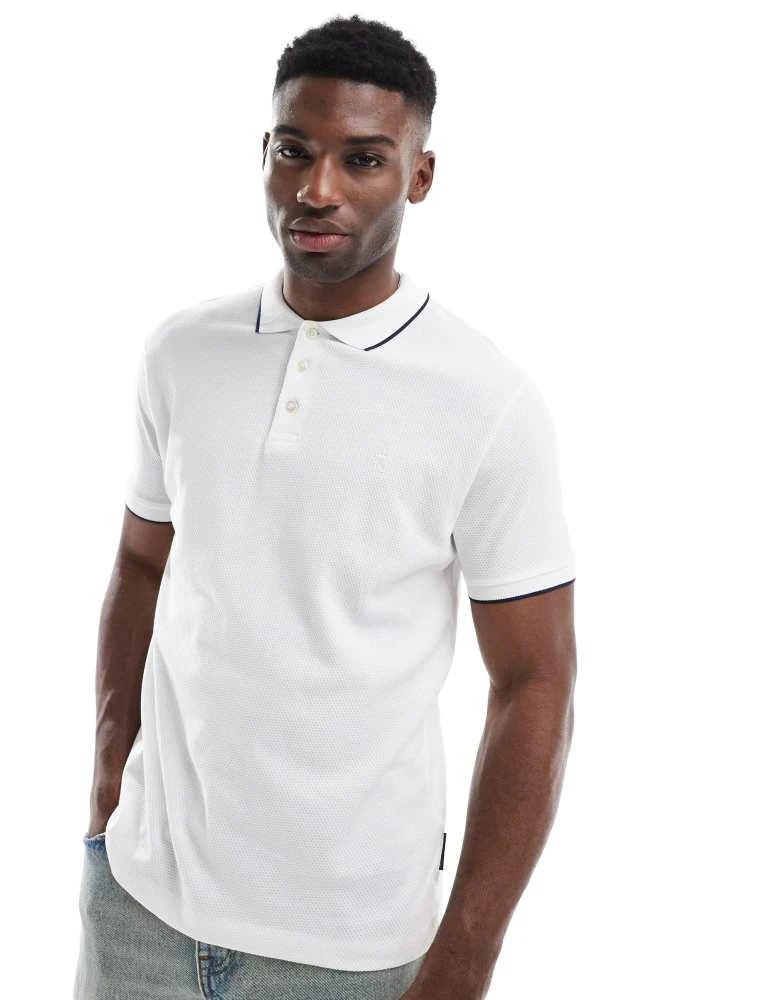 French Connection Mens French Connection tipped popcorn polo shirt in white and navy 1