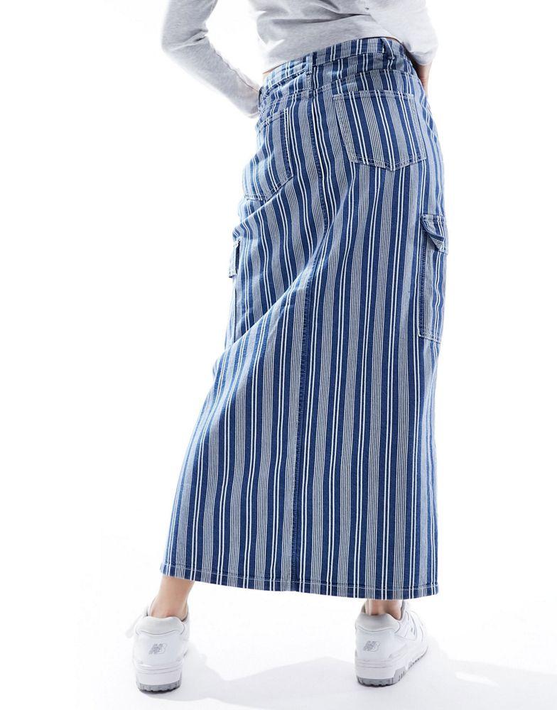 Pieces Pieces denim maxi skirt with cargo pockets in blue stripe