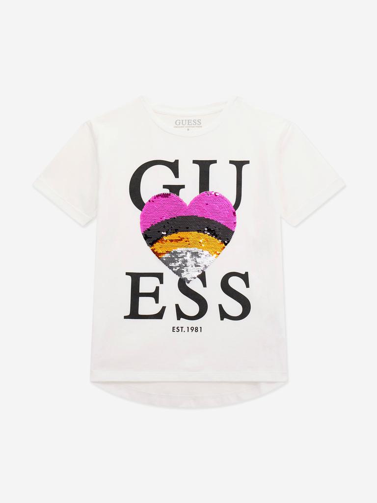 GUESS Girls Sequin Heart T-Shirt in White