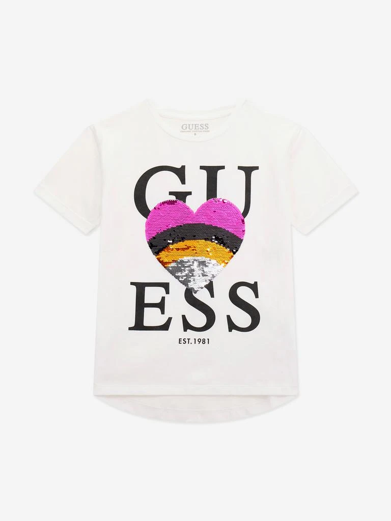 GUESS Girls Sequin Heart T-Shirt in White 1