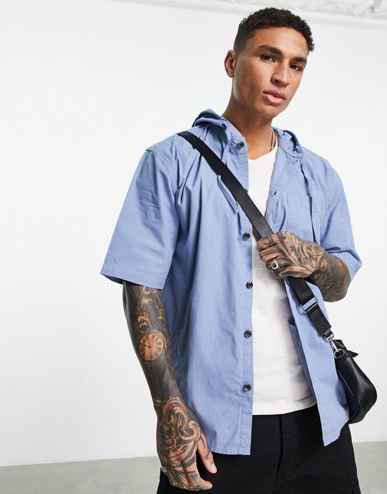 Topman Topman oversized short sleeve hooded shirt in blue