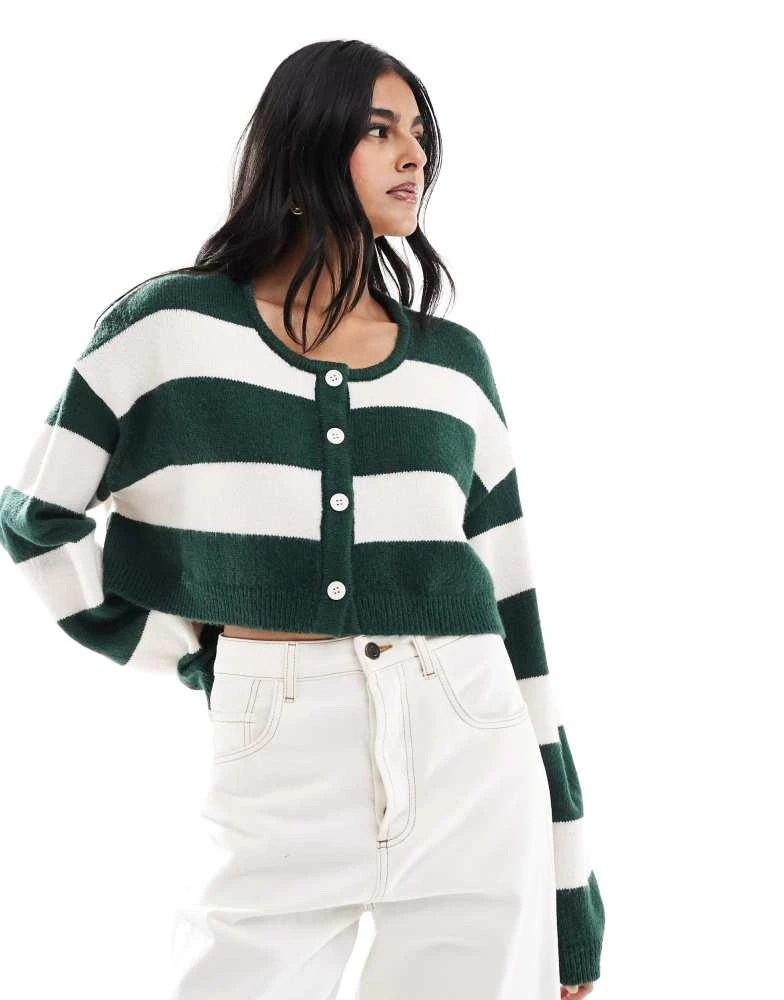 PacSun Pacsun olive boxy cropped striped cardigan in off-white and green 1