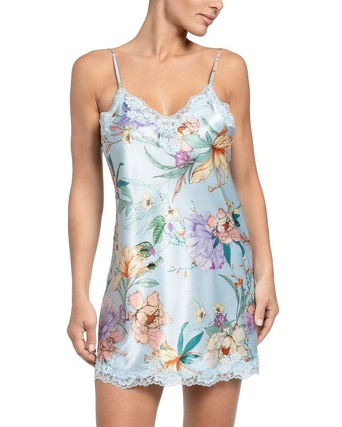 In Bloom Stretch Satin Sky Blue Lace Trim Floral Print Chemise