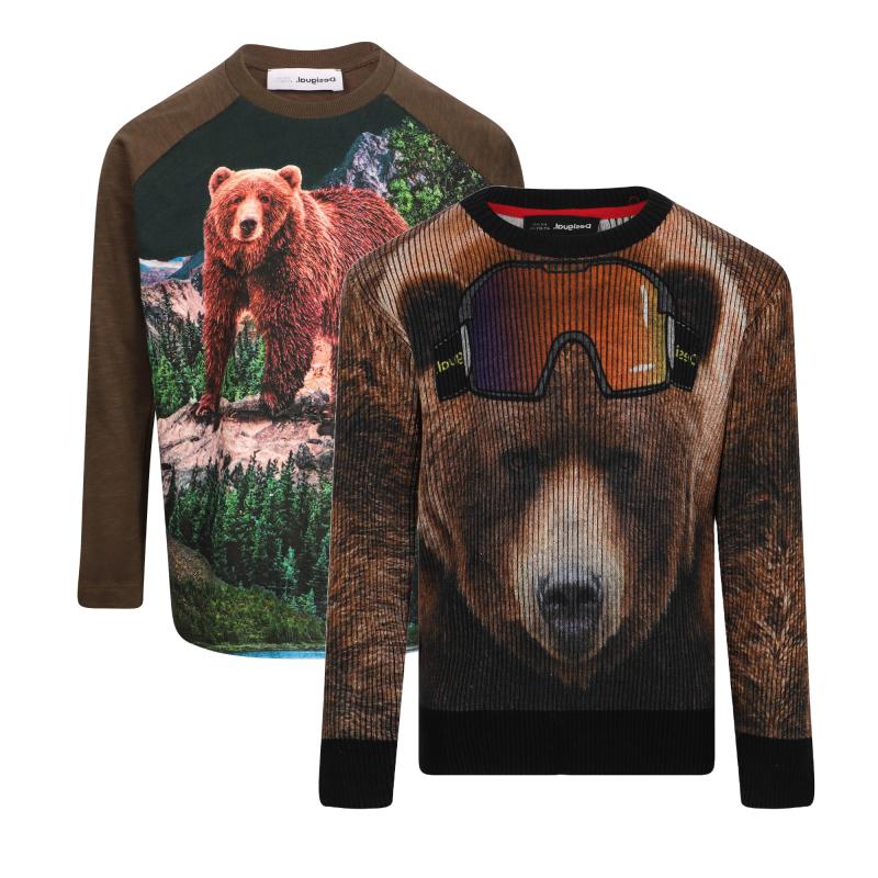Desigual Bear and bear with ski goggles print long sleeved t shirt and sweater set in brown