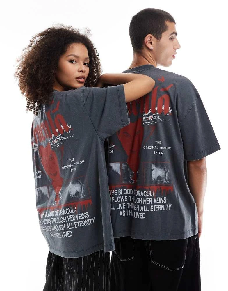 ASOS ASOS DESIGN Halloween unisex oversized t-shirt with Dracula prints in washed black 1