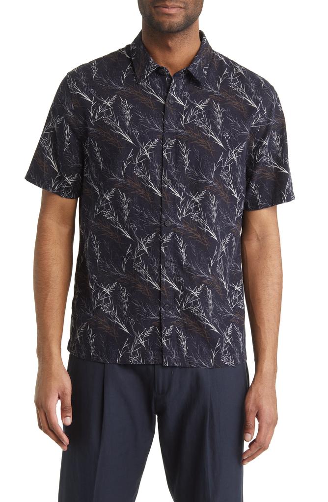 Vince Leaf Print Short Sleeve Linen Blend Button-Up Shirt