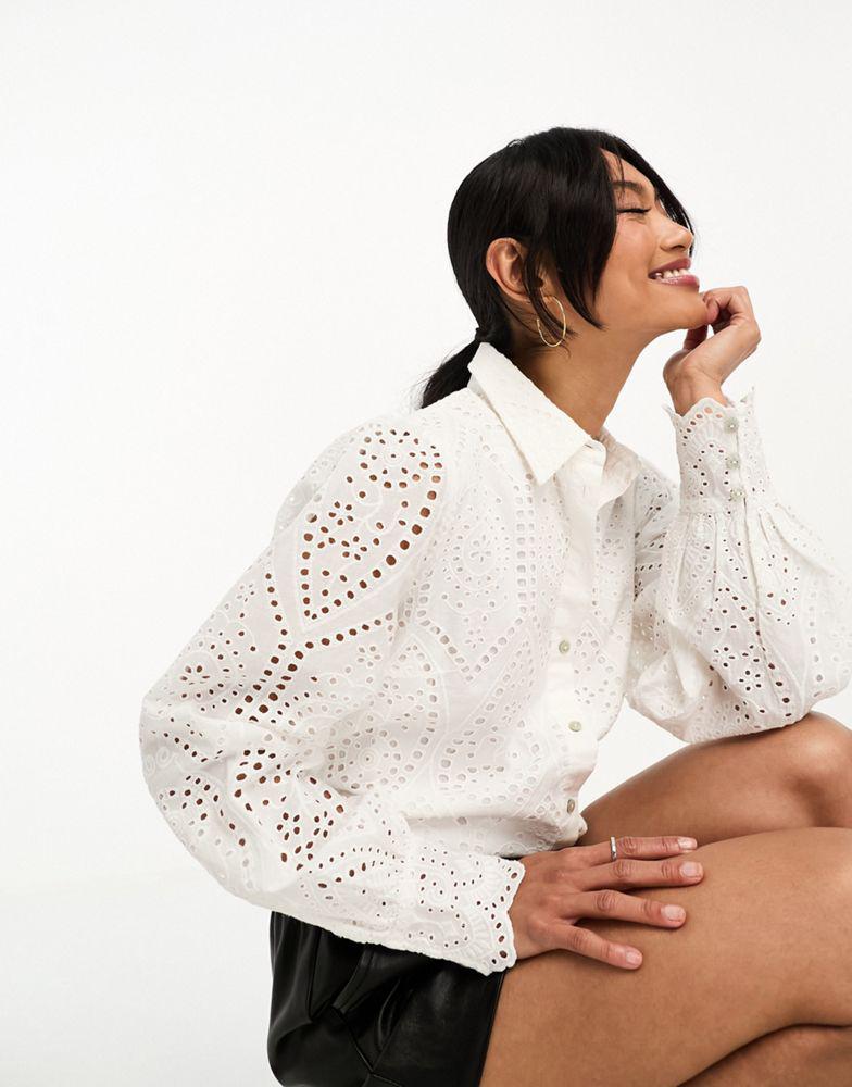 Y.A.S. YAS broderie shirt with scalloped cuffs in white - WHITE