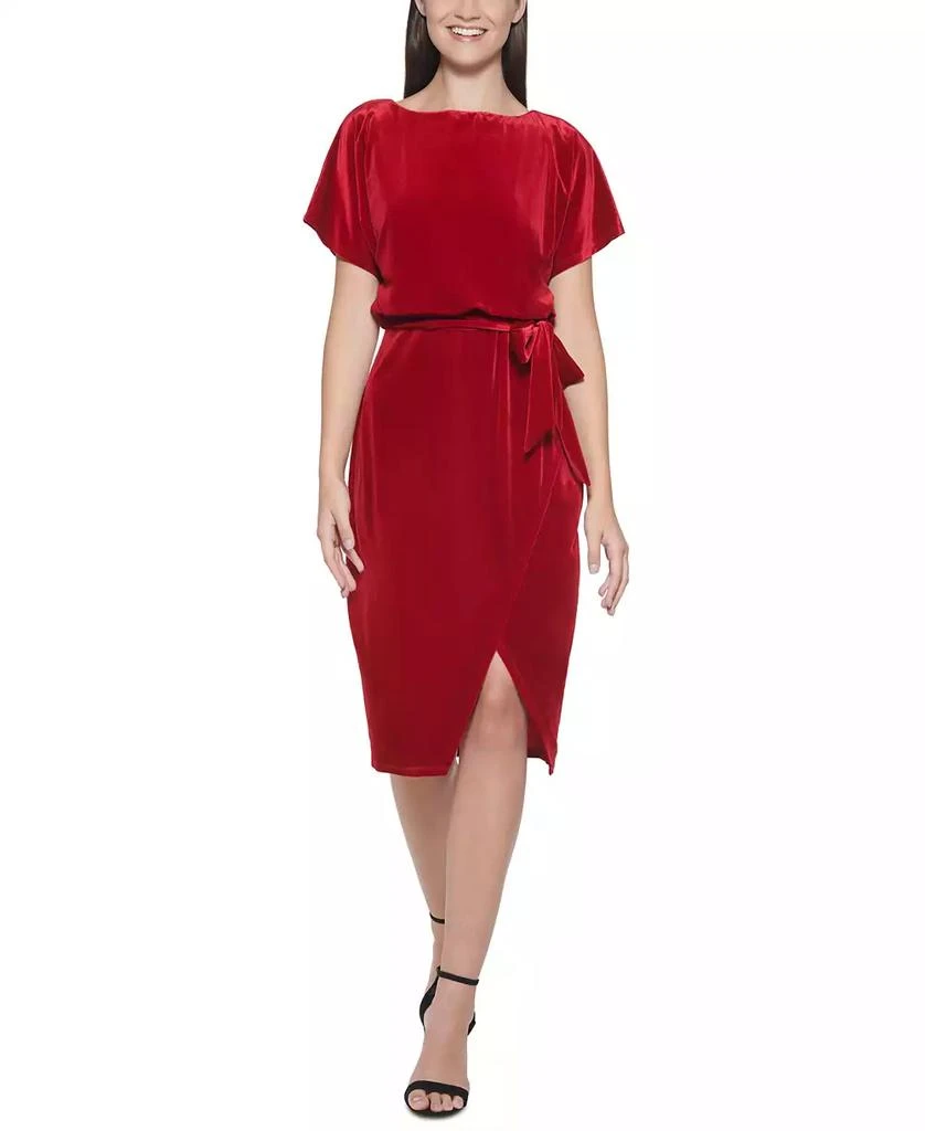 Kensie Stretch-Velvet Boatneck Tie-Waist Sheath Dress 1