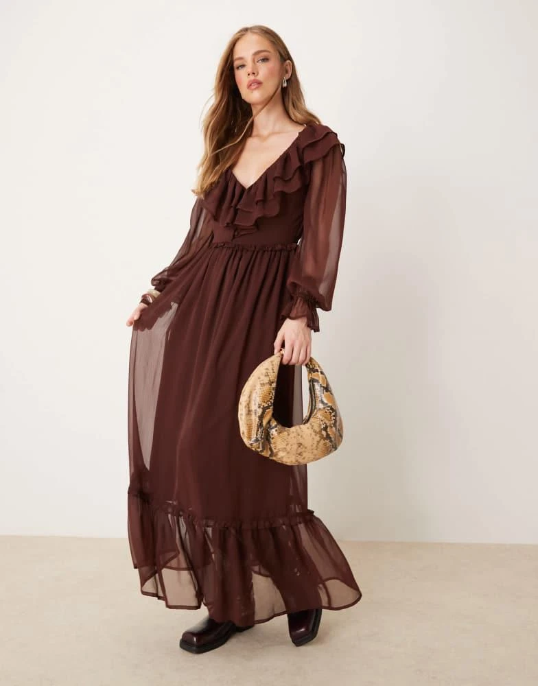 Miss Selfridge Miss Selfridge long sleeve ruffle detail maxi dress in chocolate 1