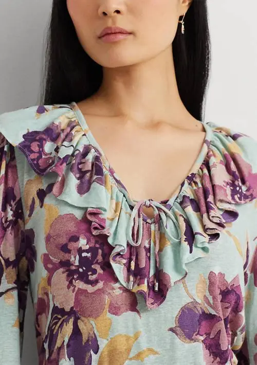 Ralph Lauren Petite Floral Ruffle Trim Jersey Tie Neck Top 3