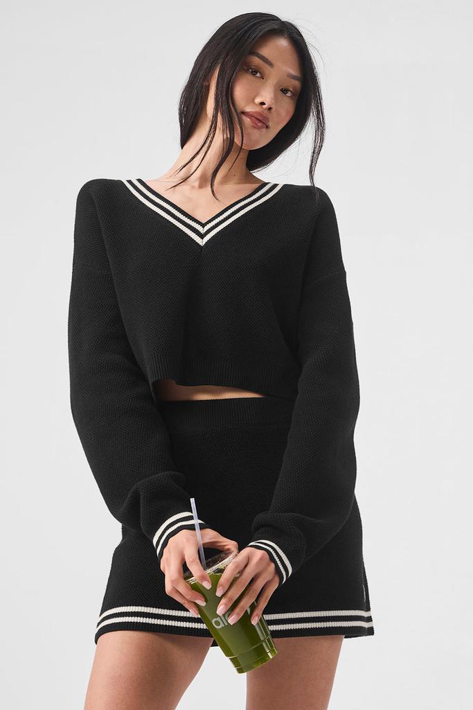 Alo Yoga Tennis Club Sweater Knit V-Neck Pullover - Black/Ivory