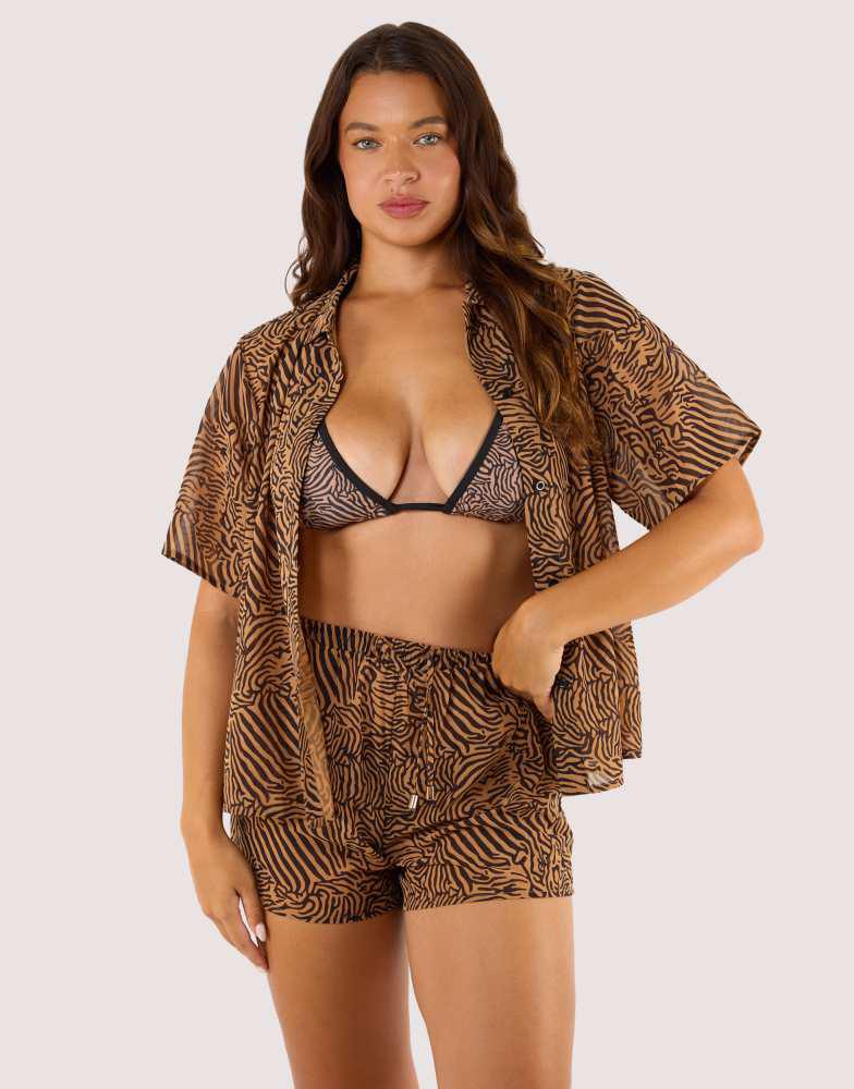 Wolf & Whistle Wolf & Whistle Savana georgette beach shirt in tiger print