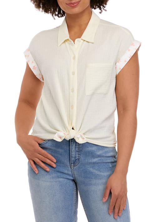 TRUE CRAFT Short Sleeve Dolman Tie Front Shirt