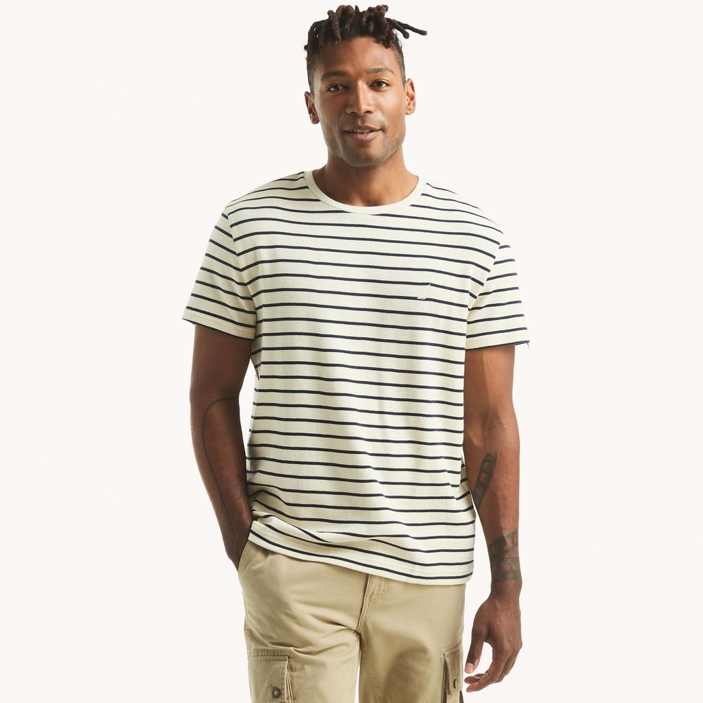 Nautica Mens Waffle Knit Striped Crewneck T-Shirt