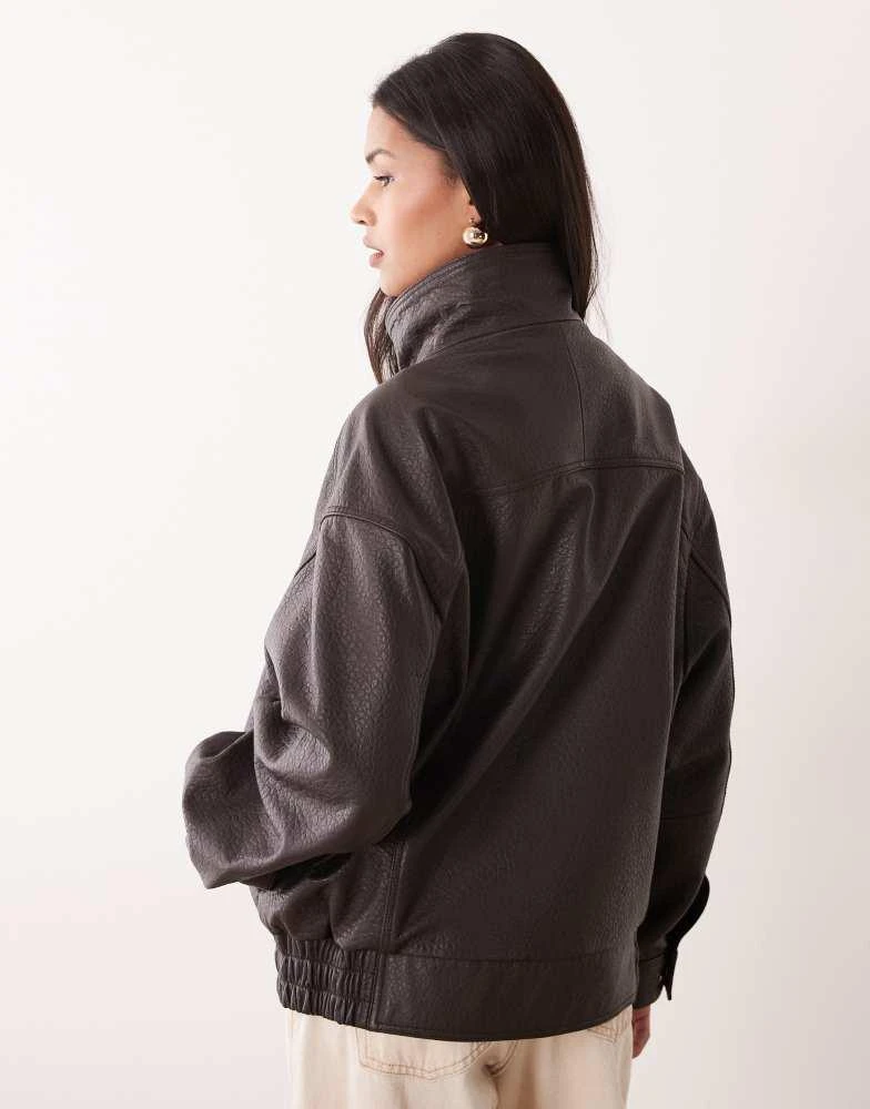 Mango Mango Capsule 100% leather funnel neck jacket in chocolate 4