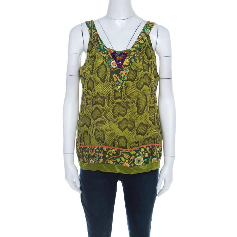 ETRO Etro Lime Green Snakeskin Print Silk Embellished Sleeveless Top L 1